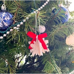 Silver Glitter Snowflake Christmas Ornament Red Ribbon Holiday Decor Excellent